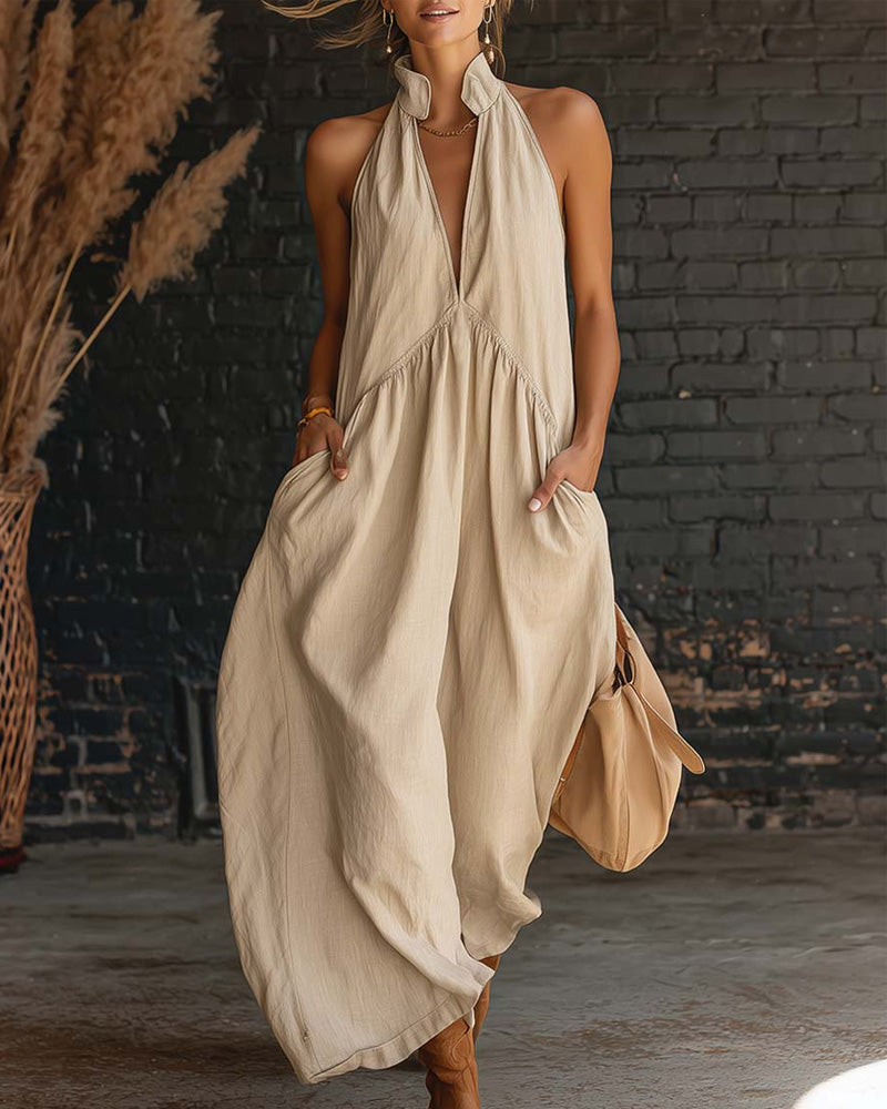 solid colour maxi dress 100% Cotton Sleeveless Stand-Collar Solid-Color Colour:Powder Featherlight allure in motion. diagonal stripe