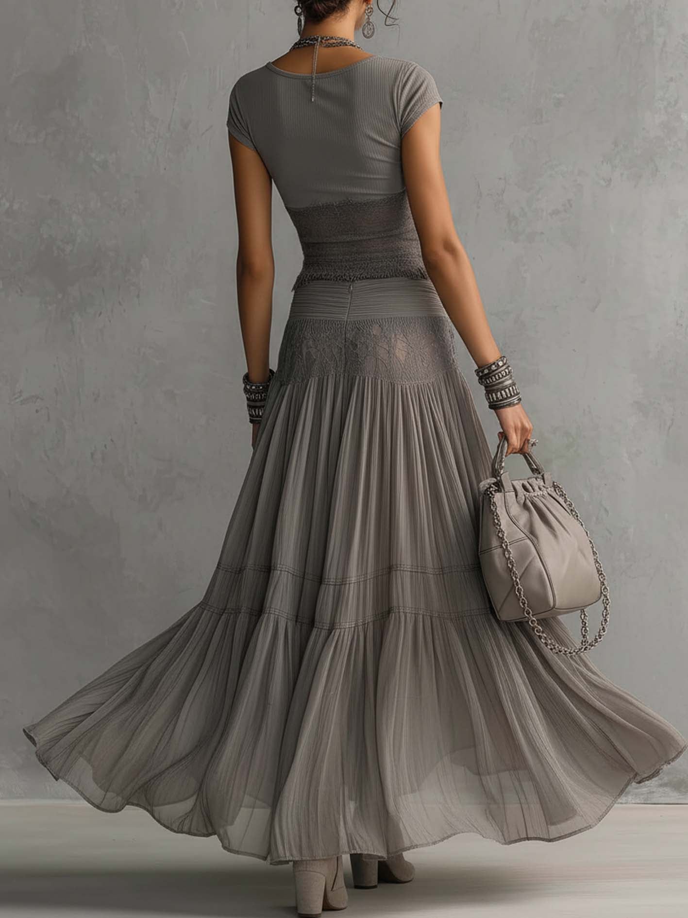 Olivia | conjunto encaje top gris plisado