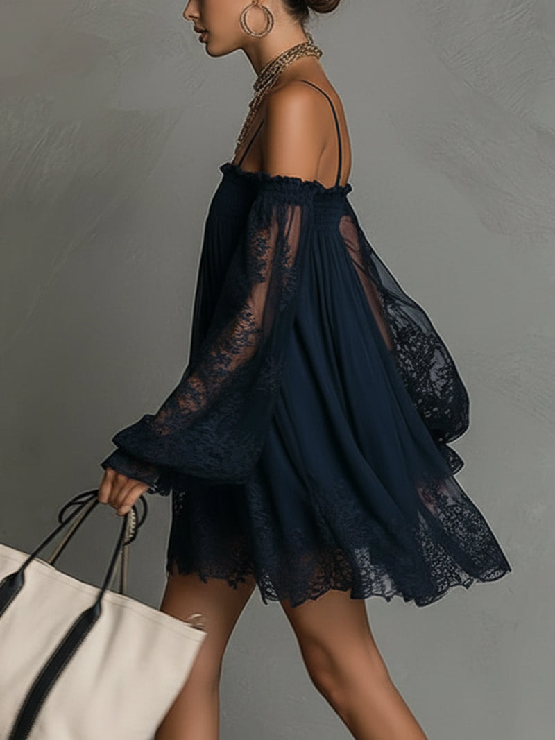 Noemi | vestido chiffon azul encaje transparente
