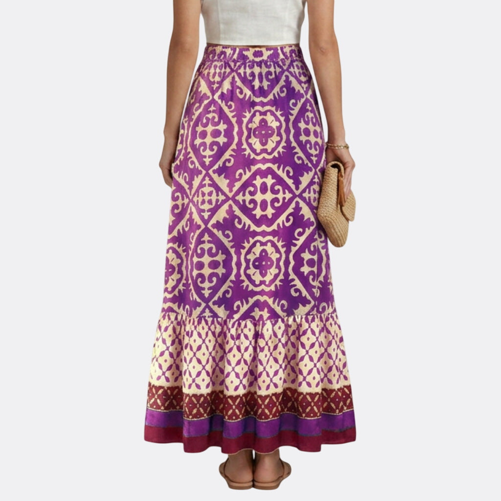 Women’s Printed Maxi Skirt with Elastic Waist and Tiered Design