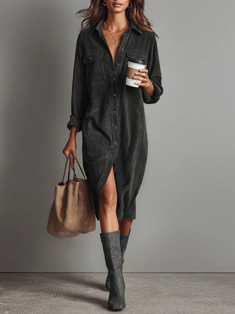 Sienna Soft Corduroy Button-Down Midi Dress
