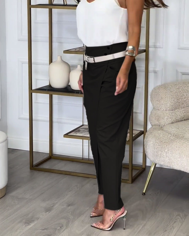 Fashionable solid color pocket irregular patchwork pants