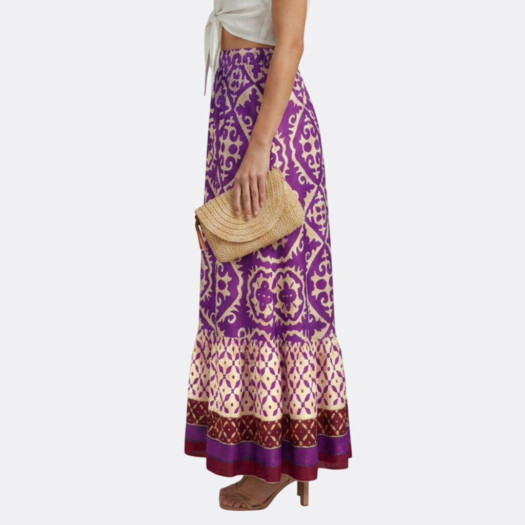 Women’s Printed Maxi Skirt with Elastic Waist and Tiered Design