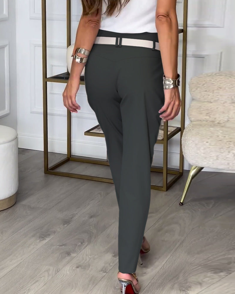 Fashionable solid color pocket irregular patchwork pants