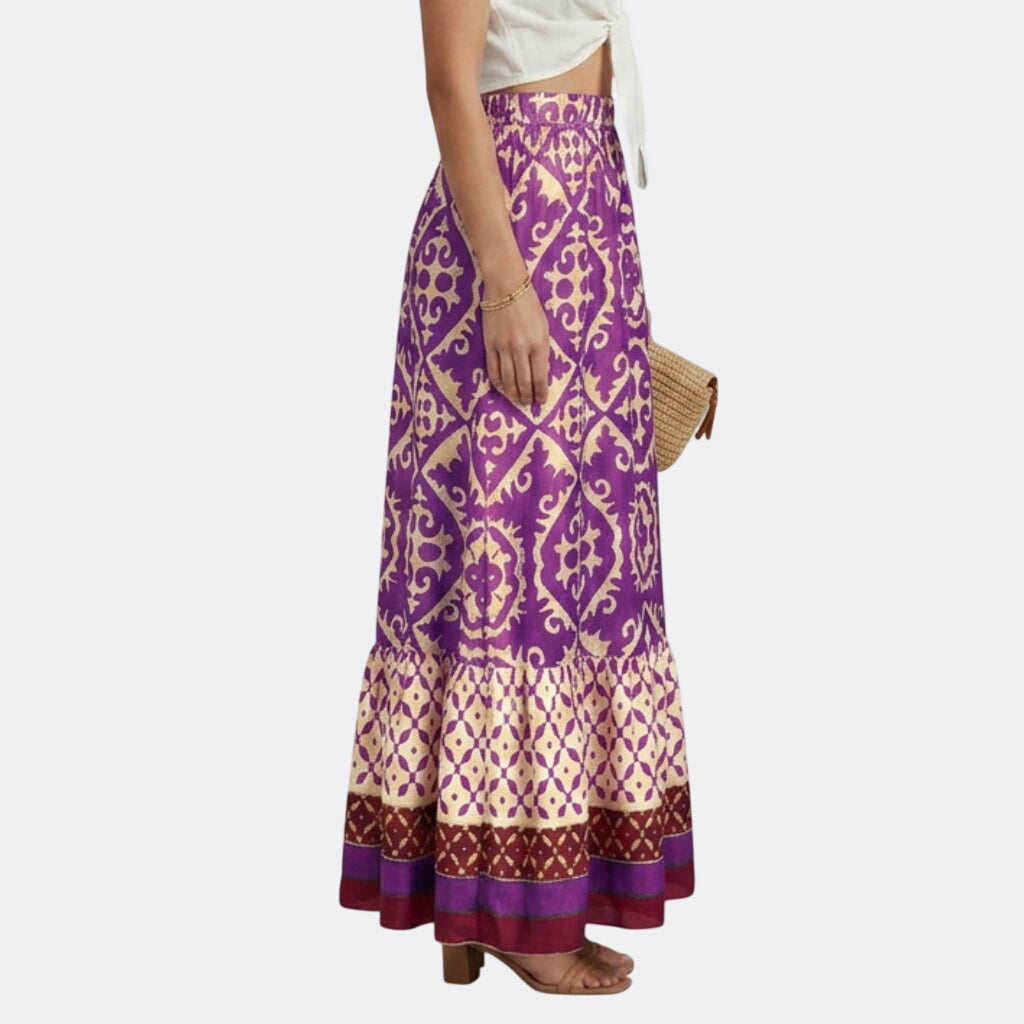 Women’s Printed Maxi Skirt with Elastic Waist and Tiered Design