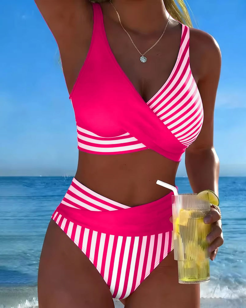 Crisscross Striped Print Bikini