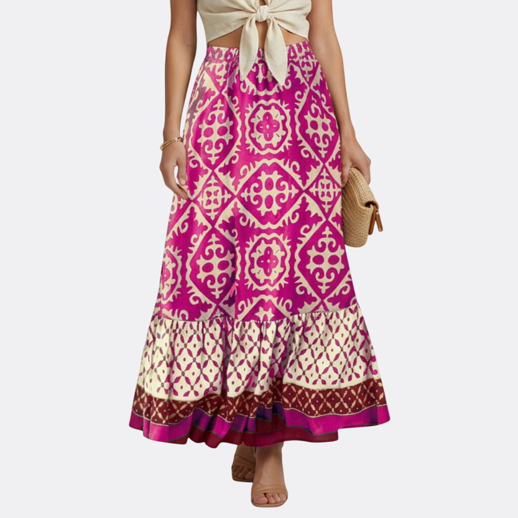 Women’s Printed Maxi Skirt with Elastic Waist and Tiered Design