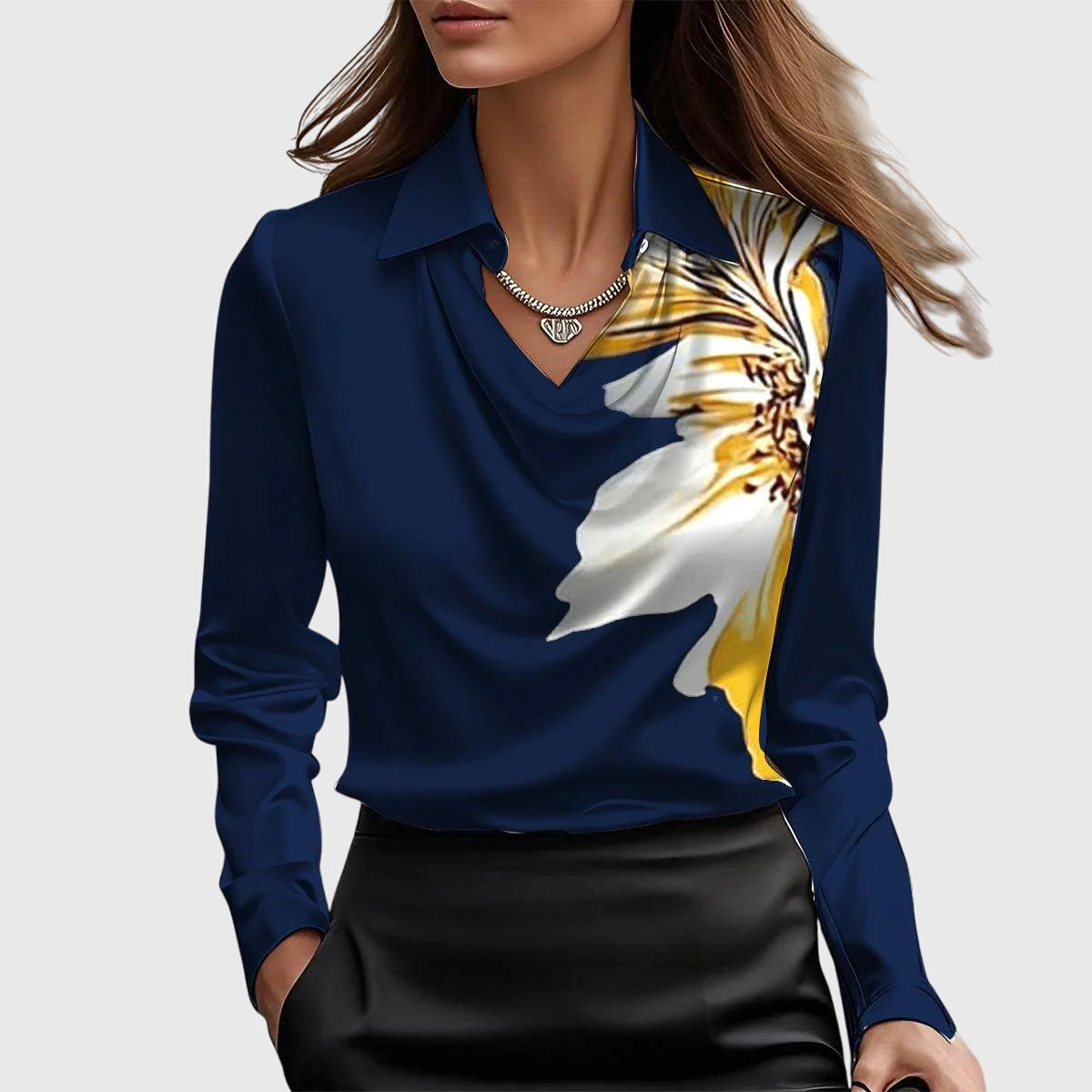 Sylvie | Luxurious Shiny Blouse with Pleated Neckline