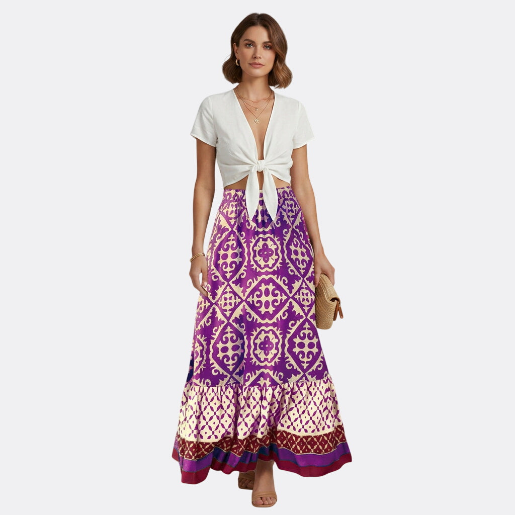 Women’s Printed Maxi Skirt with Elastic Waist and Tiered Design