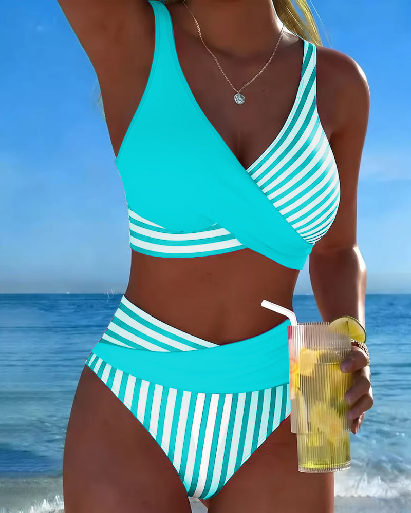 Crisscross Striped Print Bikini