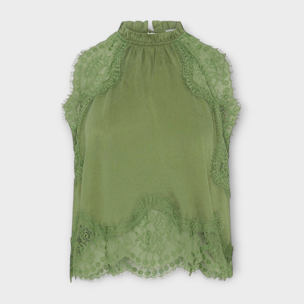 Kaia - Satin Blouse with Lace Trim and Pleated Neckline in Set