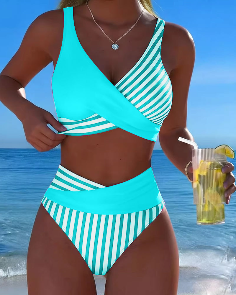 Crisscross Striped Print Bikini
