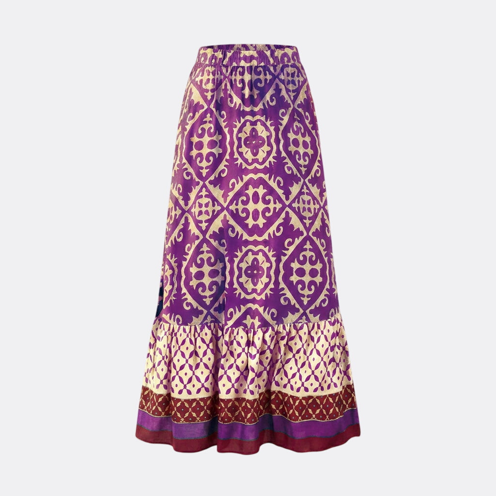 Women’s Printed Maxi Skirt with Elastic Waist and Tiered Design