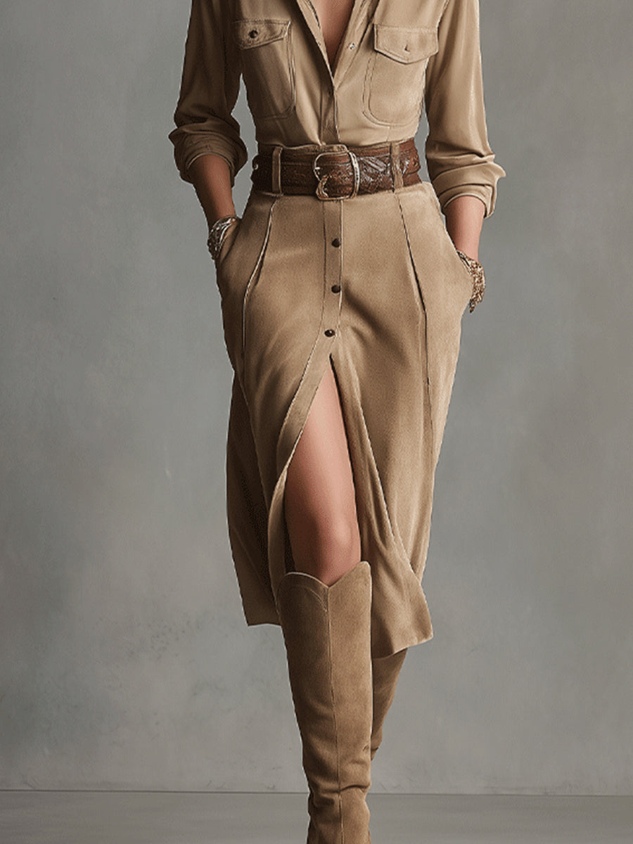 Savannah Suede Button-Front Midi Dress