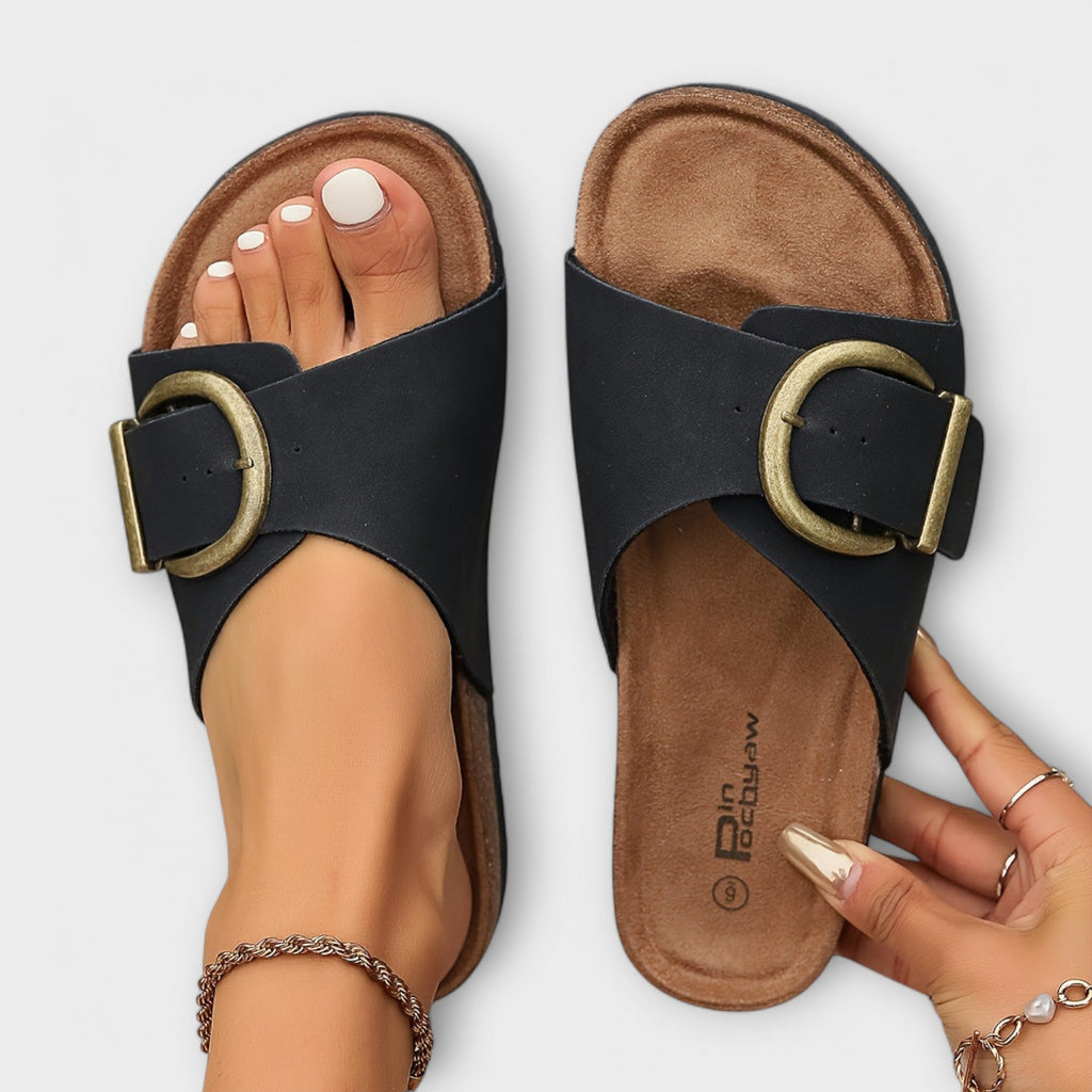 Margie - Women's Cork Mules with Buckle Strap Design