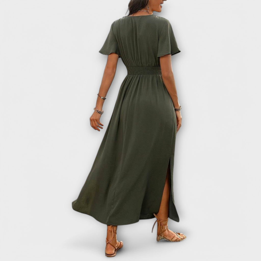 Heather - An elegant Boho dress with a V-neckline and long sleeves