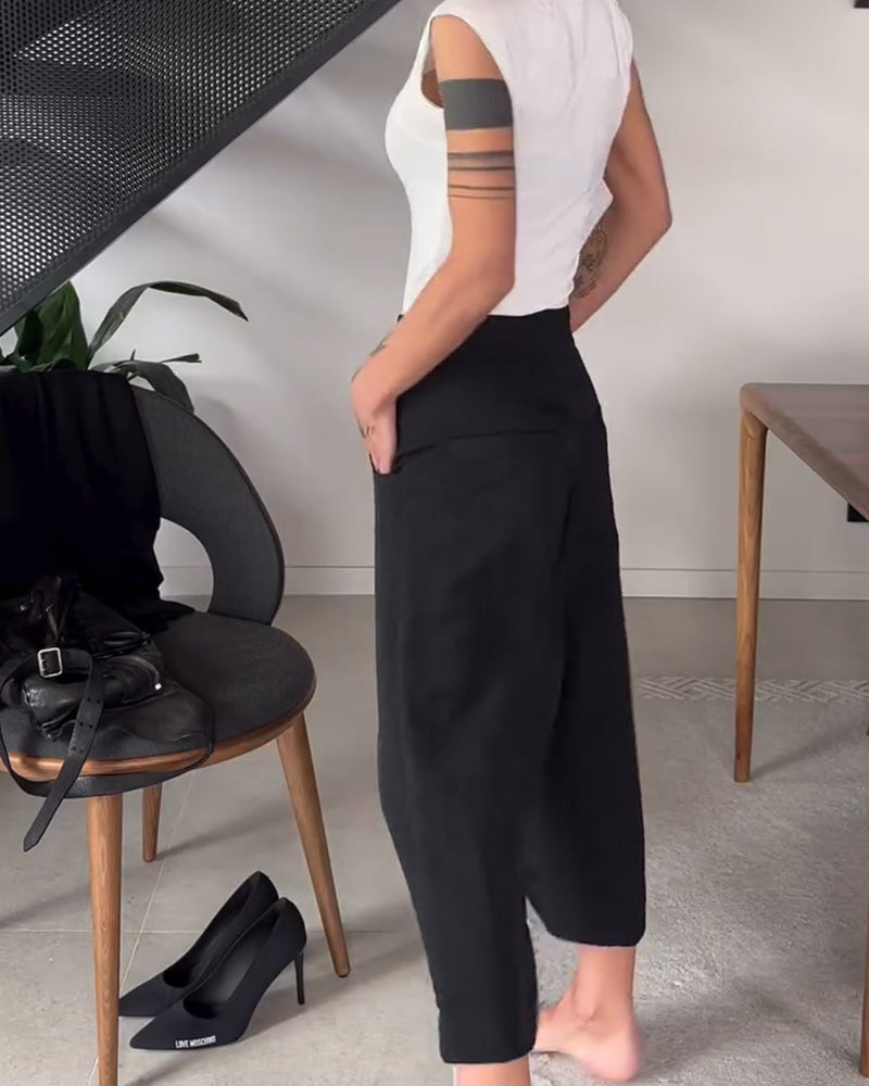 Simple solid color asymmetric casual pants