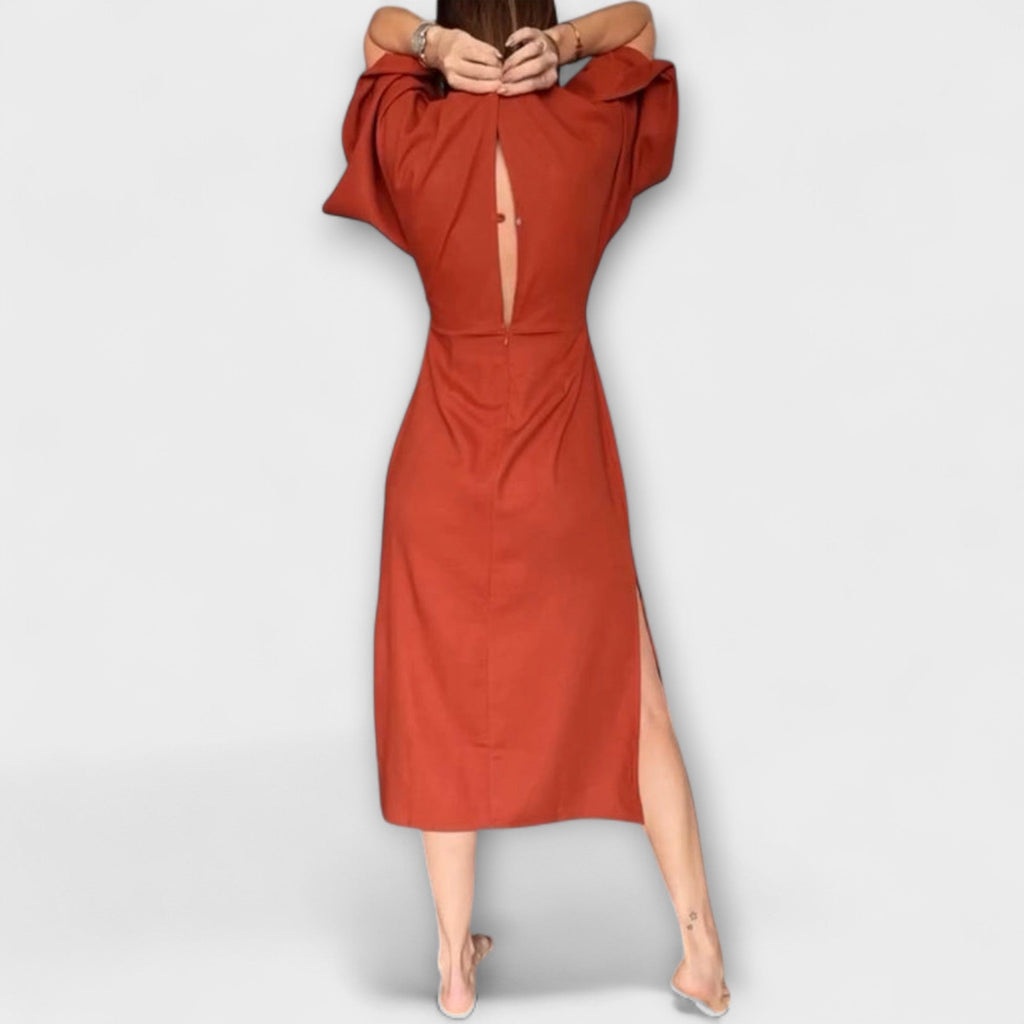 Holly - Casual Dress with V-Neck in Cotton-Linen Blend with Tie