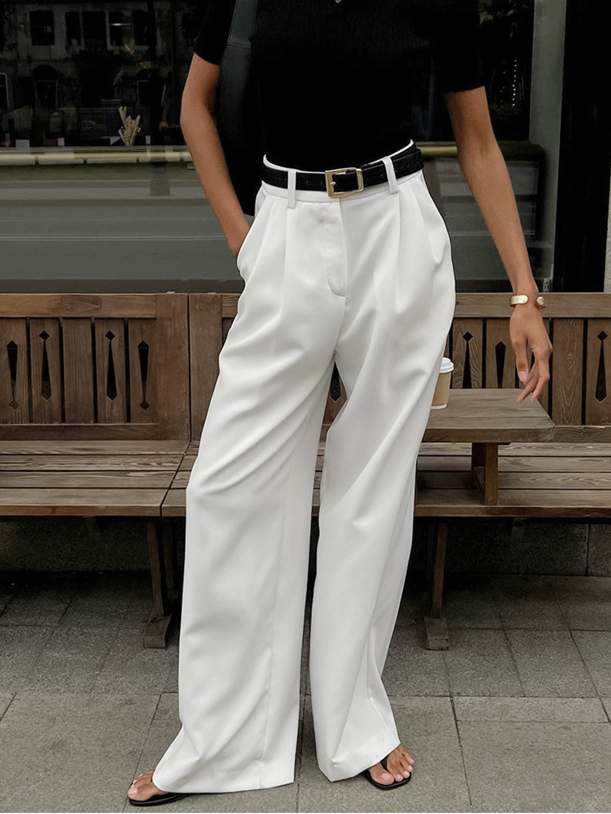 Katharina | Pantalones de Pierna Ancha con Frente Plisado para Dama con Cinturón