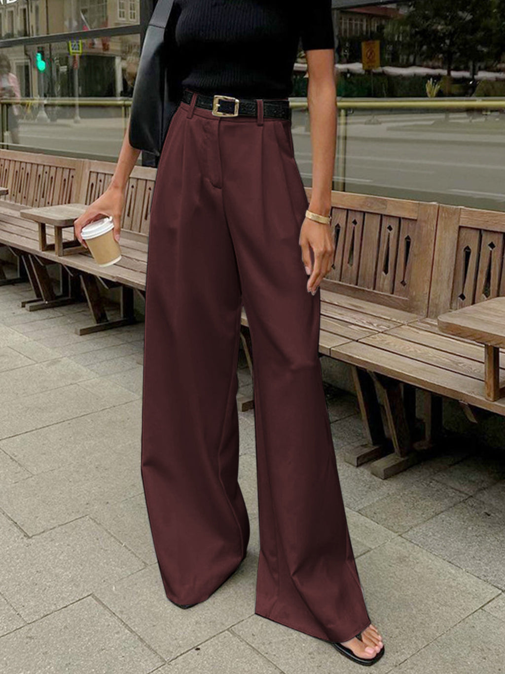 Katharina | Pantalones de Pierna Ancha con Frente Plisado para Dama con Cinturón