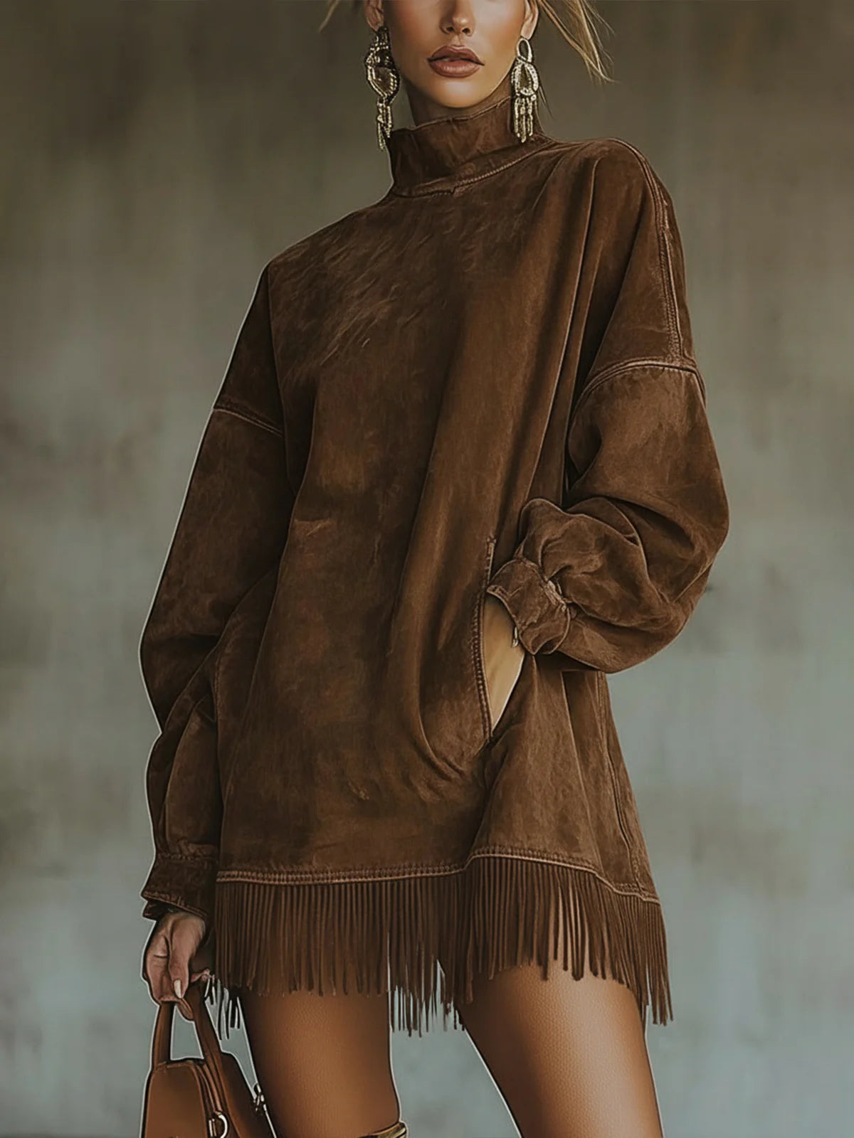 Savana Fringe™ | Vintage Suede Turtleneck Mini Dress