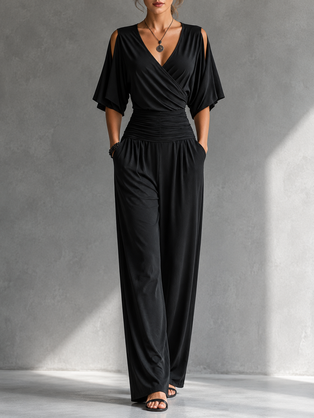Alia | Conjunto Elegante con Efecto Cruzado y Pernera Ancha