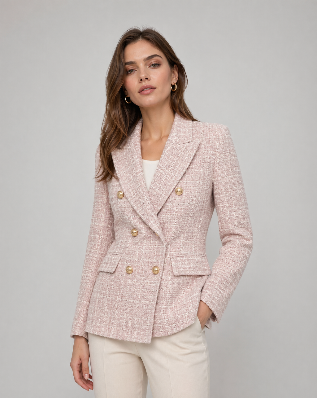 Celine | Double-Breasted Pink Tweed Blazer with Gold Buttons