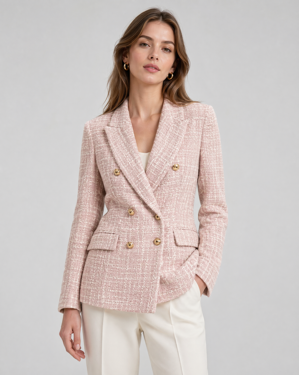 Celine | Double-Breasted Pink Tweed Blazer with Gold Buttons