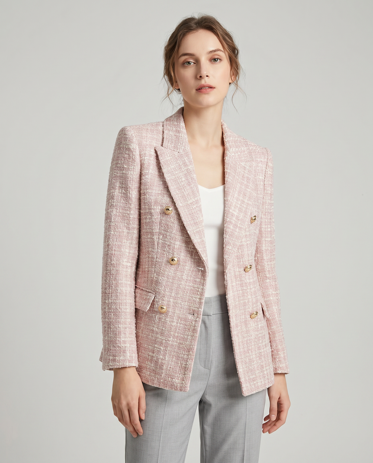Celine | Double-Breasted Pink Tweed Blazer with Gold Buttons