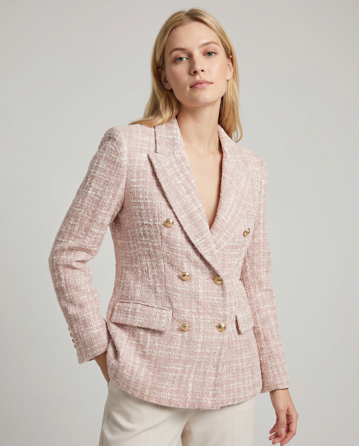 Celine | Double-Breasted Pink Tweed Blazer with Gold Buttons
