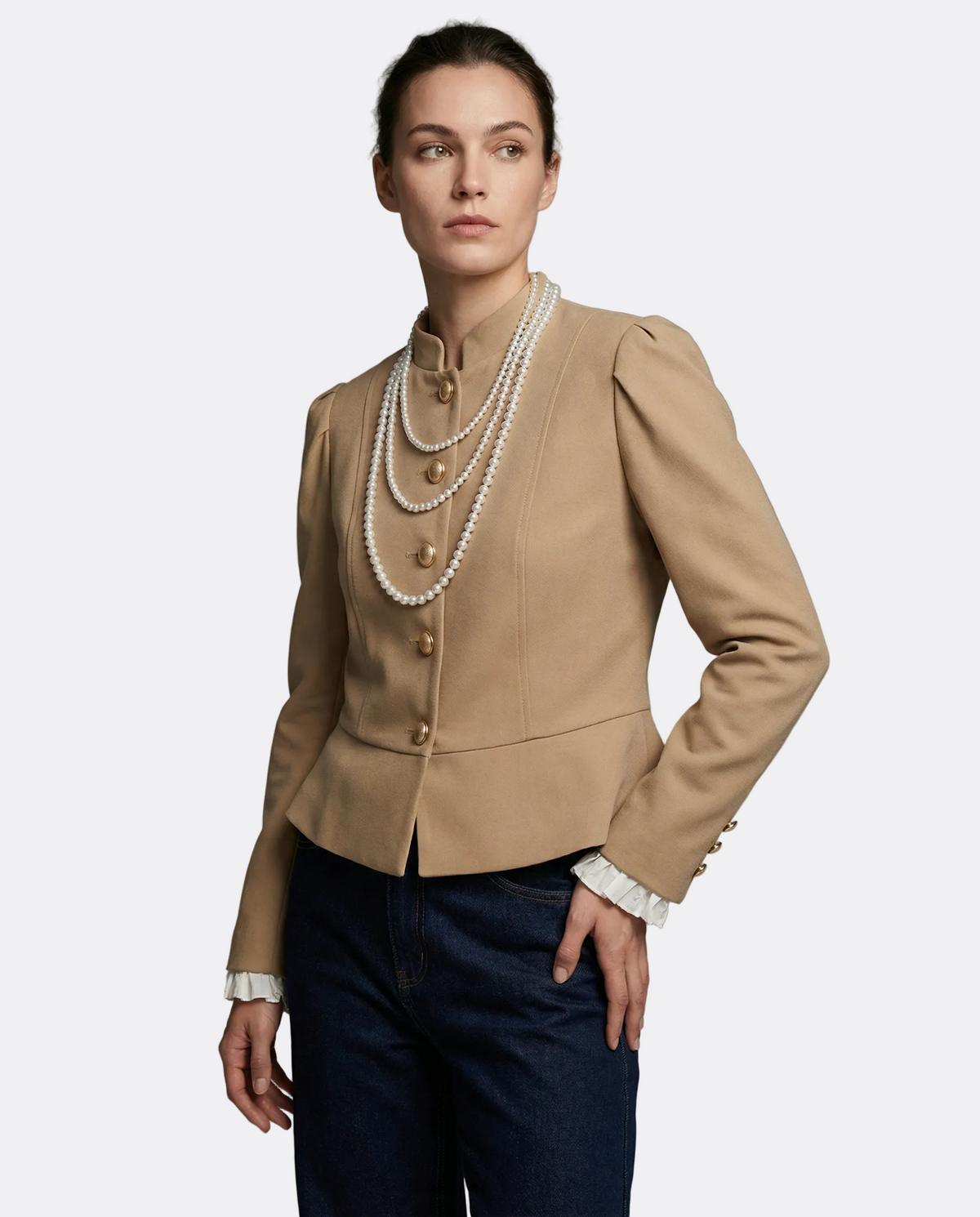 Evangeline | Velvet Blazer with Puff Shoulders and Stand Collar