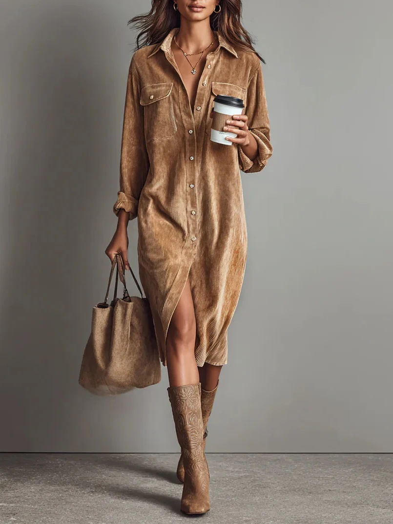 Isla Charcoal™ Vintage Corduroy Midi Shirt Dress