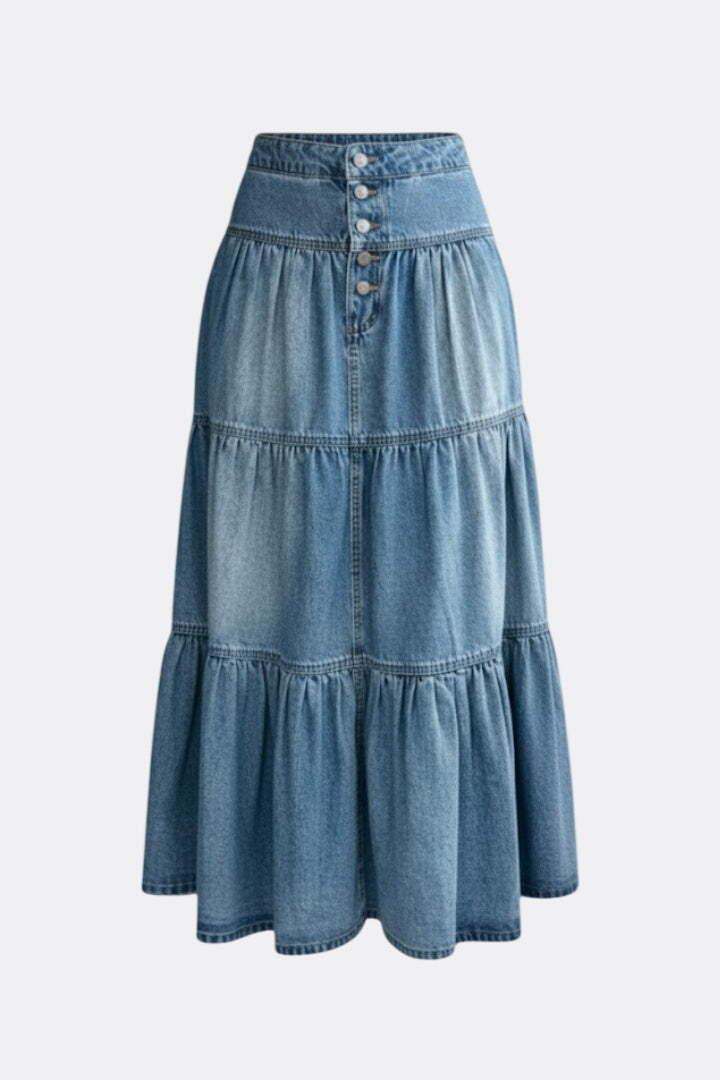 Women’s Denim Maxi Skirt with Buttons and Tiers