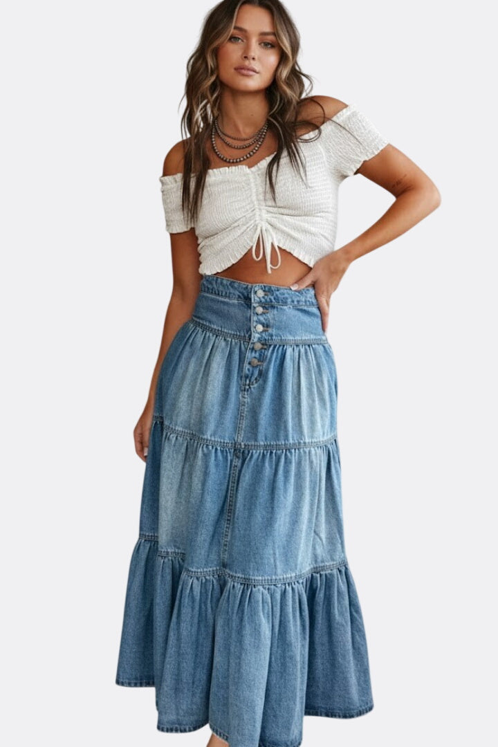 Women’s Denim Maxi Skirt with Buttons and Tiers