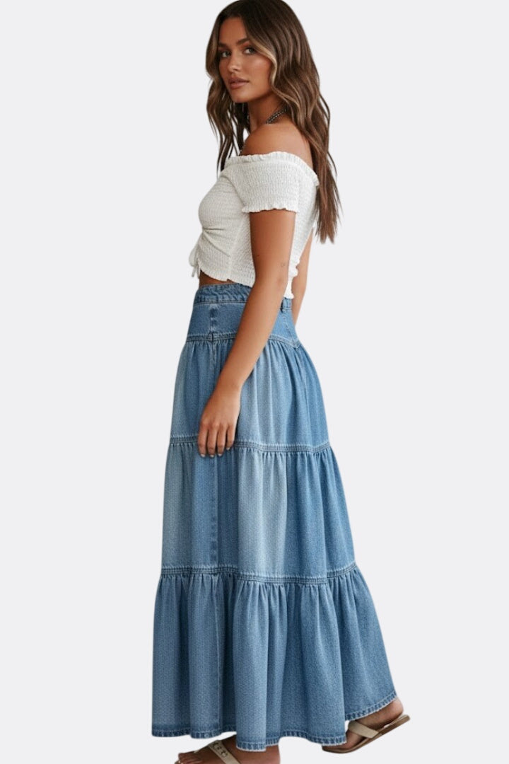 Women’s Denim Maxi Skirt with Buttons and Tiers