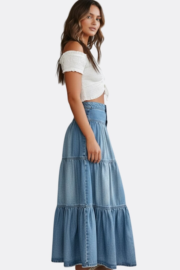 Women’s Denim Maxi Skirt with Buttons and Tiers