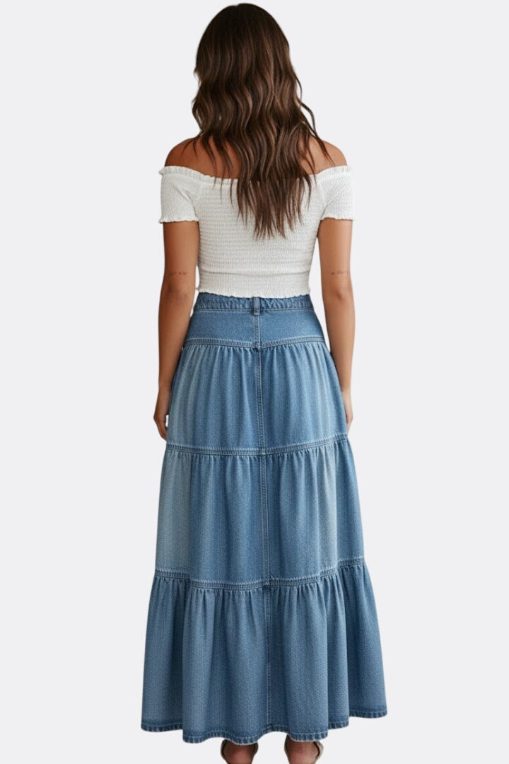 Women’s Denim Maxi Skirt with Buttons and Tiers