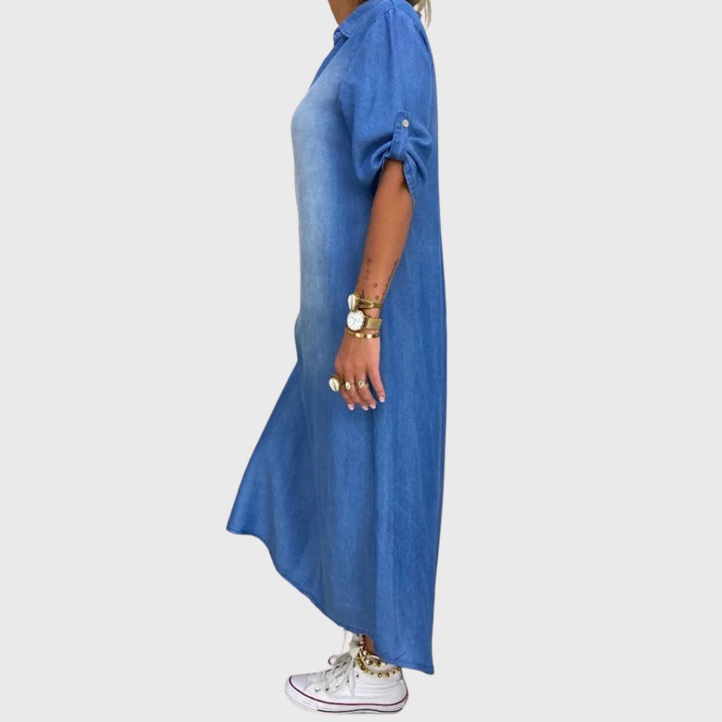 Lea - Long Denim Look Dress with Side Slit