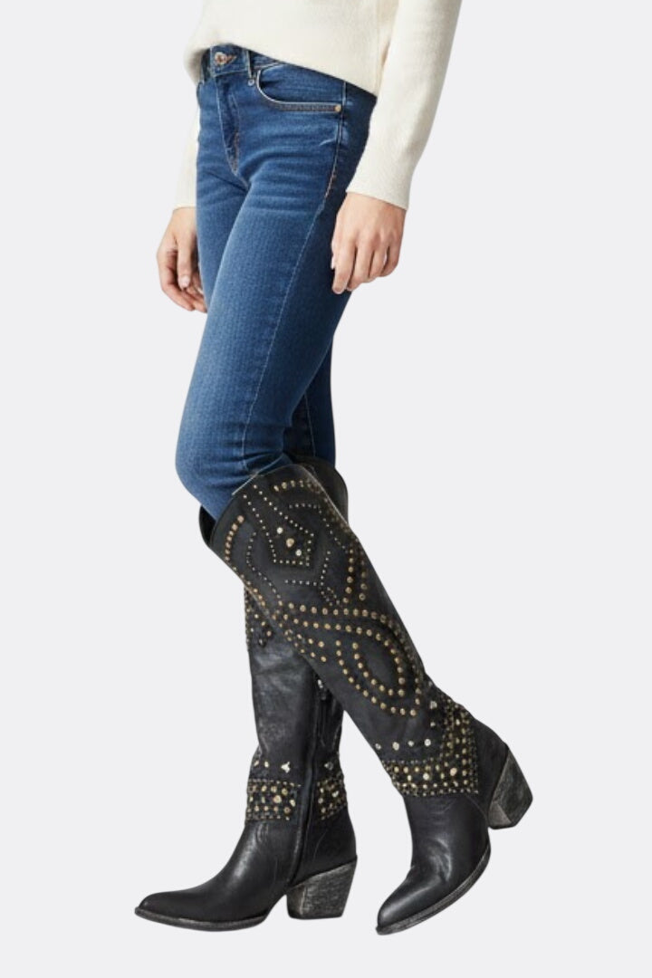 Evangeline | High-Cut Boots with Chunky Heel and Rivet Detail