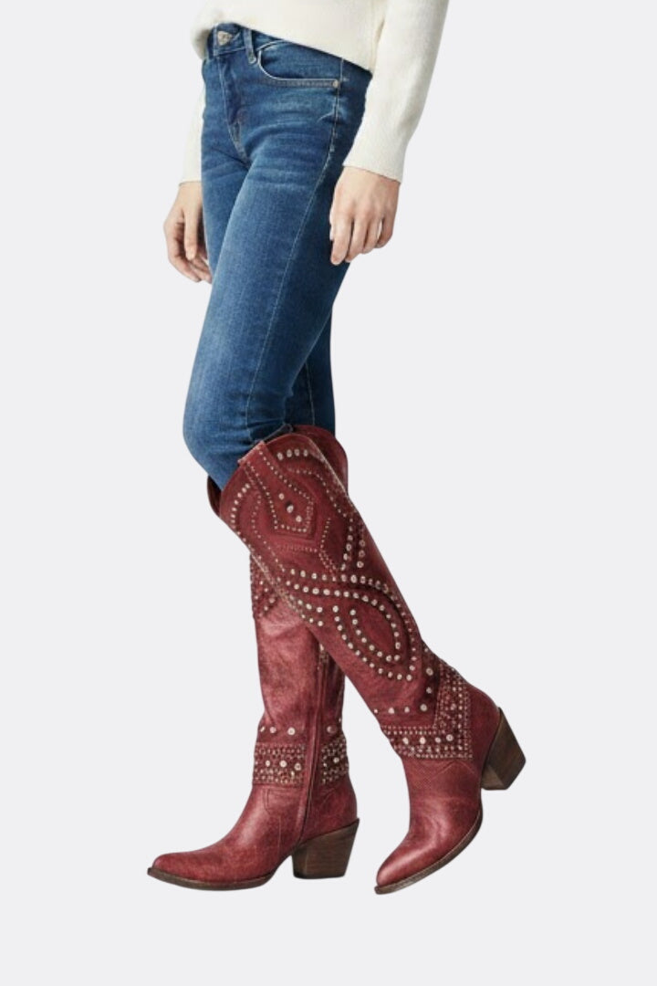 Evangeline | High-Cut Boots with Chunky Heel and Rivet Detail