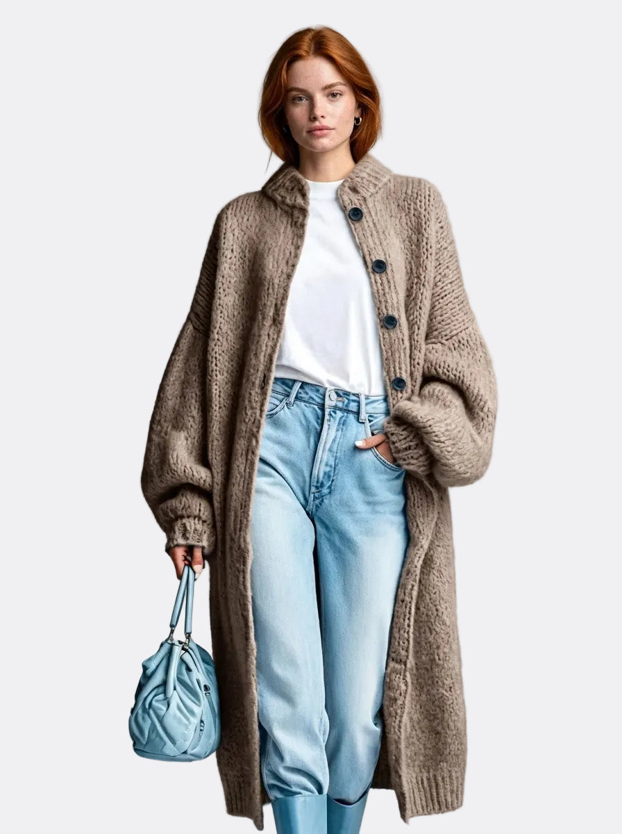 Freya | Oversized Chunky Knit Longline Button Coat