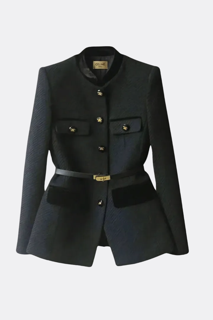 Constance | Belted Waist Blazer with Stand Collar and Flap Pockets