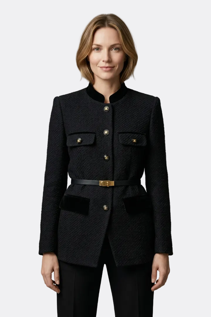 Constance | Belted Waist Blazer with Stand Collar and Flap Pockets
