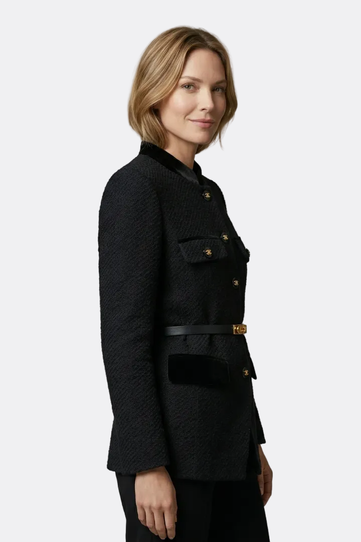 Constance | Belted Waist Blazer with Stand Collar and Flap Pockets