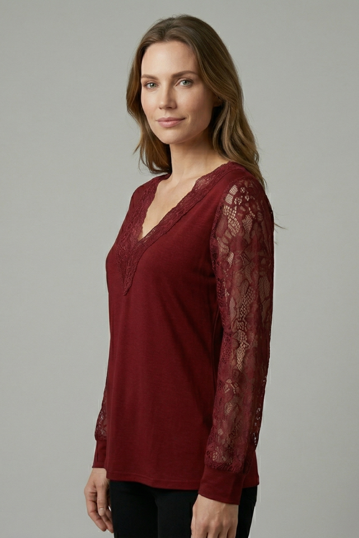 Women’s Blouse with V Neckline and Lace Sleeves