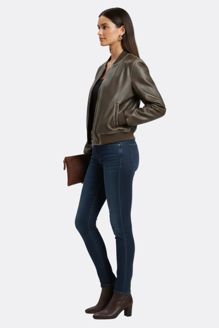 Women’s Bomber Jacket with Collared Neck and Woven Outer Surface