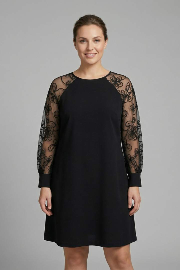 Women’s Dress with Round Neck and Lace Sleeves