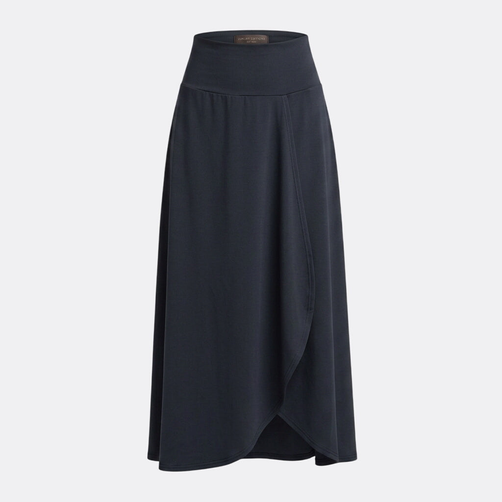 Women’s High-Waist Maxi Skirt with Wrap Front and Curved Hem