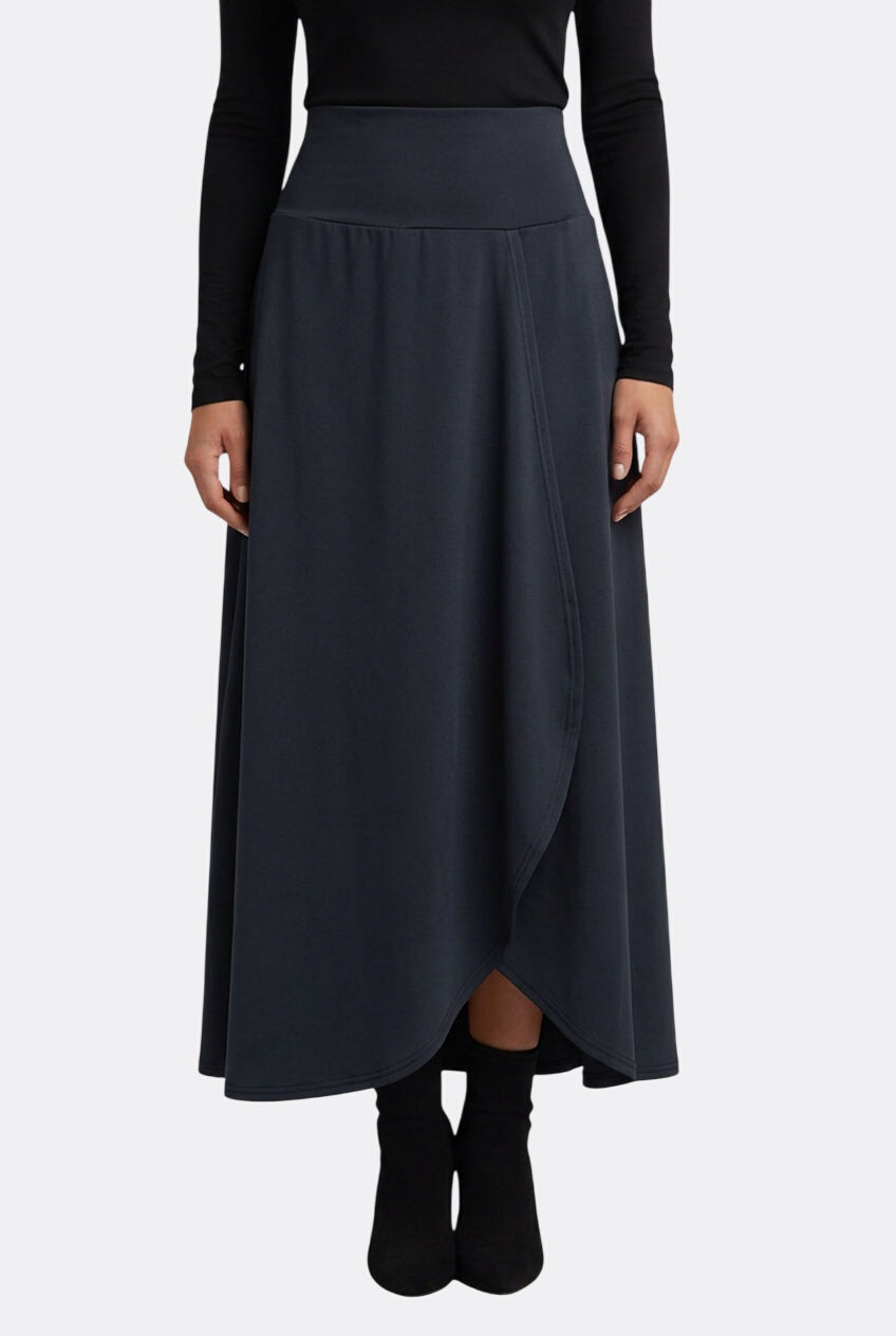 Women’s High-Waist Maxi Skirt with Wrap Front and Curved Hem