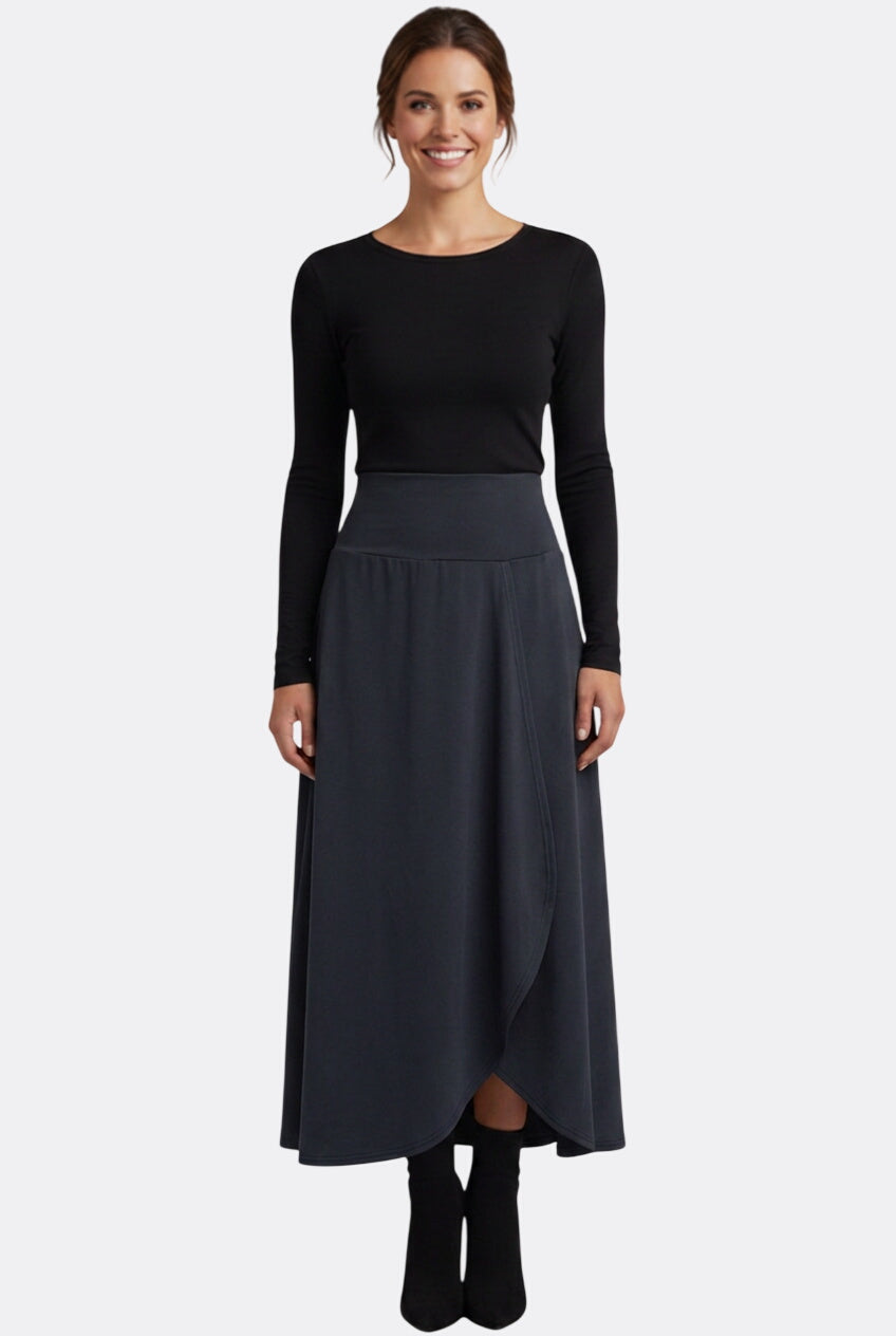 Women’s High-Waist Maxi Skirt with Wrap Front and Curved Hem